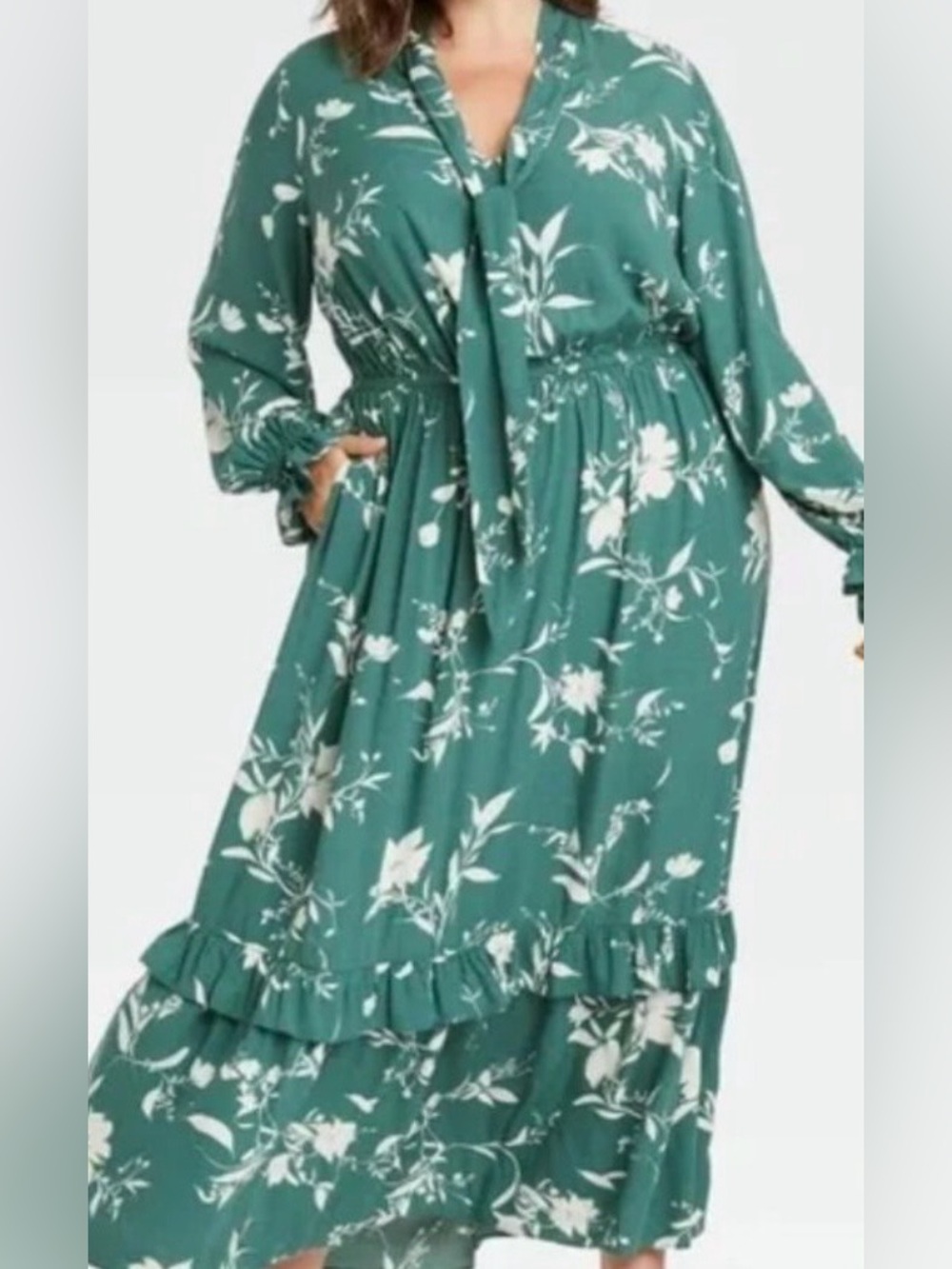 Fall Winter Tie Neck Long Sleeve Green with White Floral Print Maxi Dress
